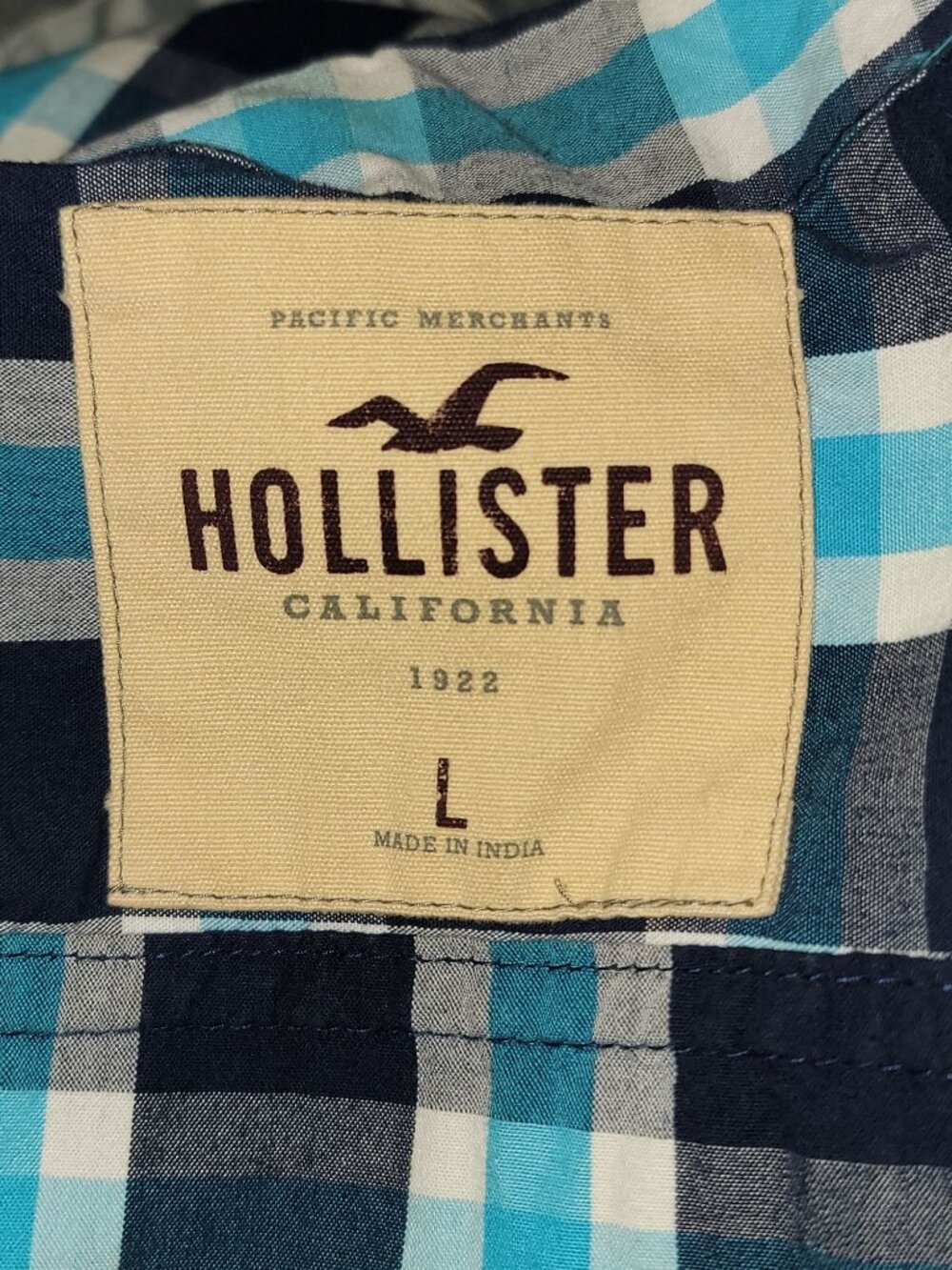Hollister Men's Blue White Plaid Button Up Shirt Cotton Casual Logo Size L - Picture 4 of 5